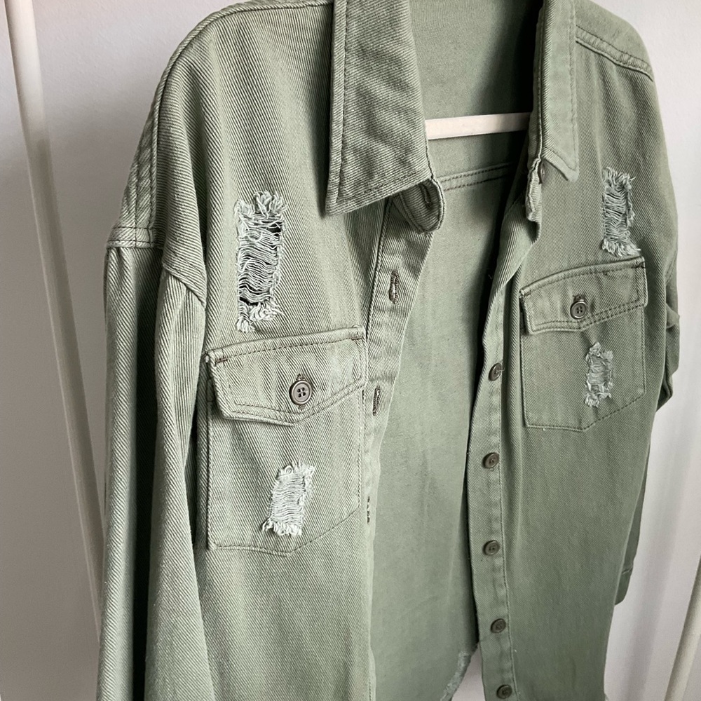 Green Distressed Button-Up Shacket - Picture 2 of 4